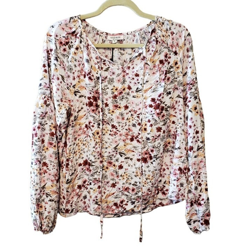 Andrée By Unit Red Olive & Mustard Floral Long Sleeve Blouse Tie Neck Size S